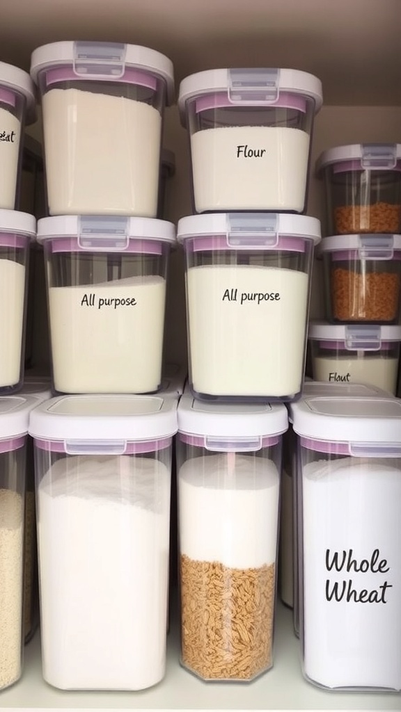 A well-organized pantry with labeled airtight containers of flour.
